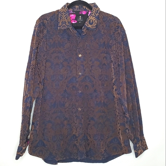 Velvet Burnout Long Sleeve Men's Button-up Shirt 2XL Brown Navy Contrast Cuffs - Picture 1 of 14